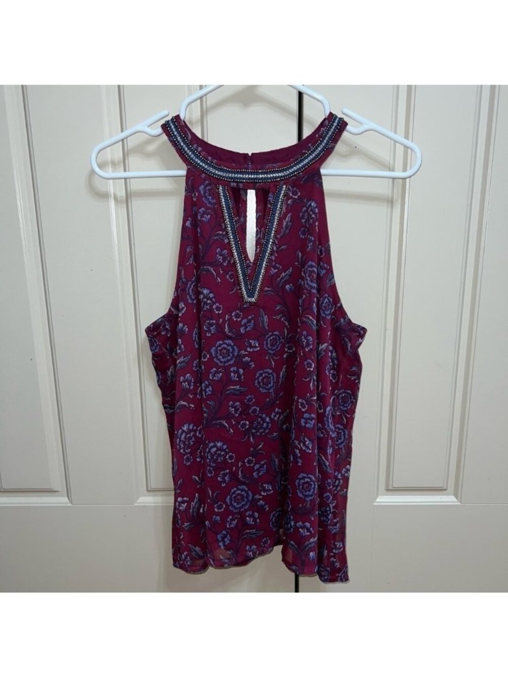 Hollister Burgundy Halter Beaded Neckline Floral Tank Blouse Size Small